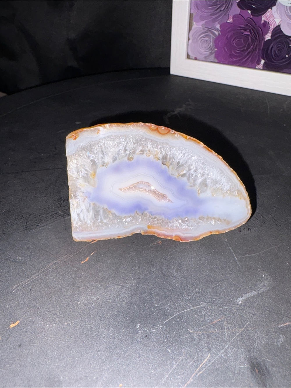 Blue Lavender Agate Geode Slice with Crystals